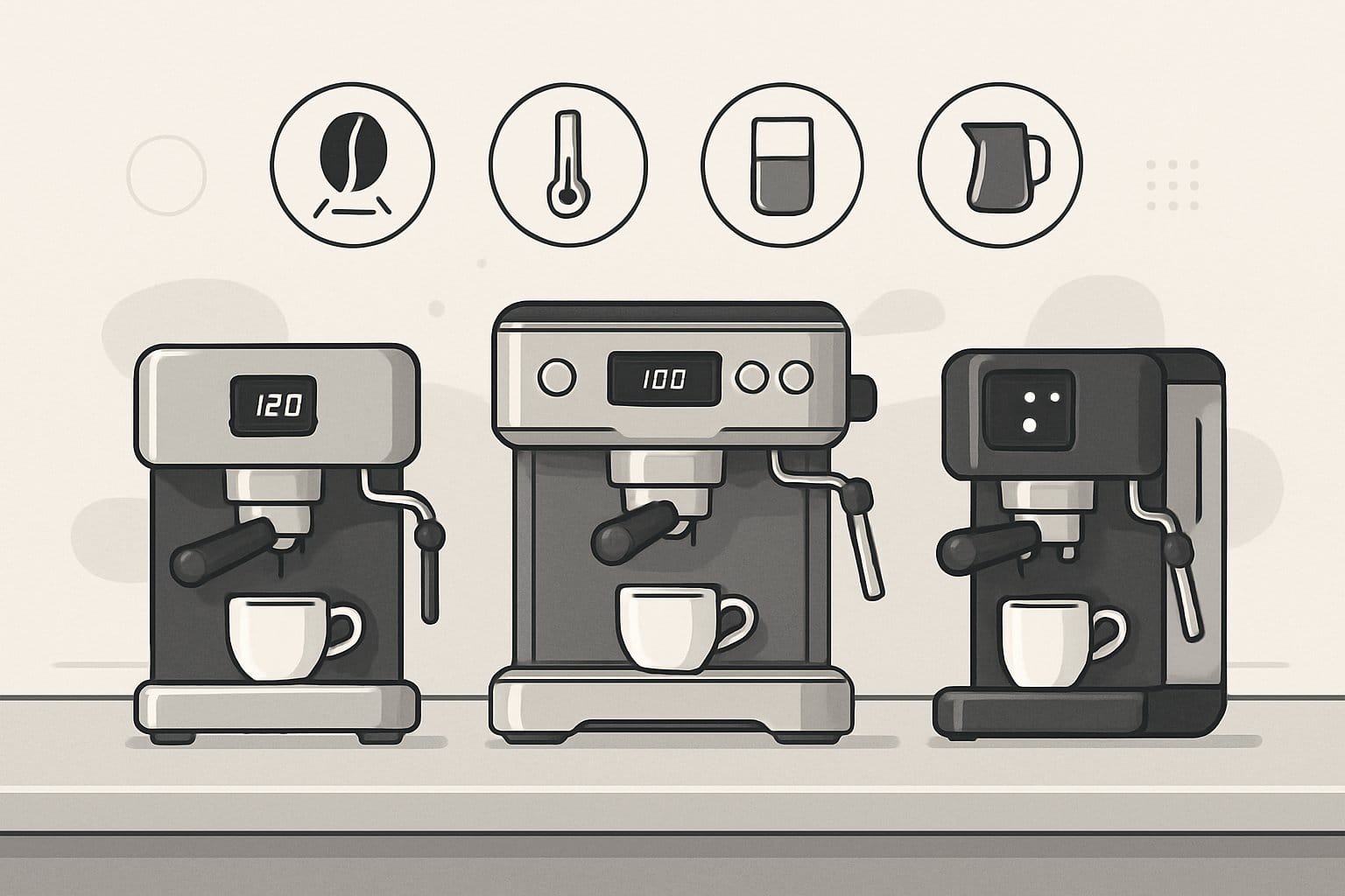 Tre olika espressomaskiner jämförs sida vid sida med ikoner som visar viktiga funktioner runt dem.