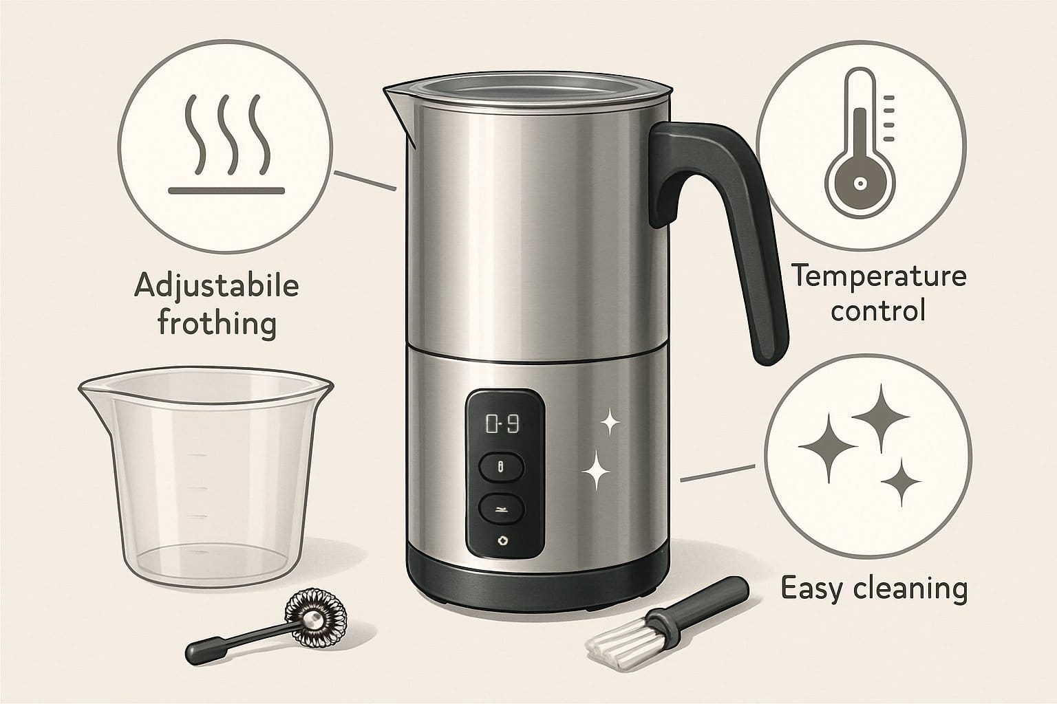 En mjölkskummare med tillbehör och ikoner som visar dess viktiga funktioner.
