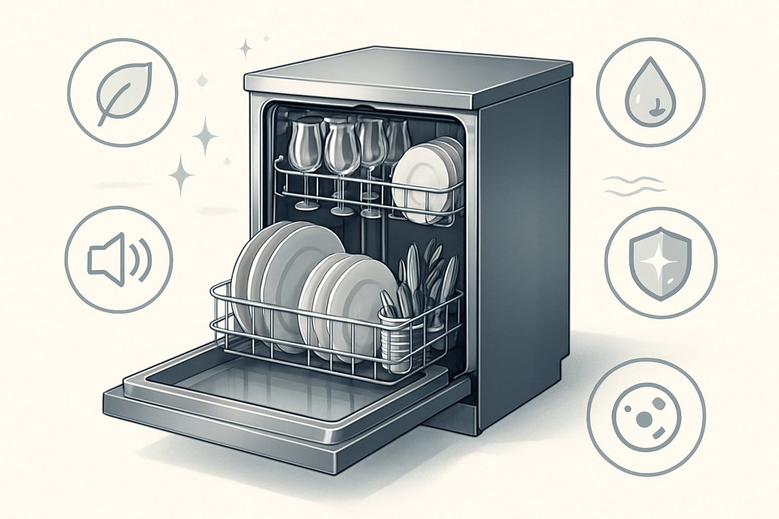 En modern diskmaskin med öppen dörr som visar rena och ordnade tallrikar och glas, med symboler som visar viktiga funktioner runt omkring.