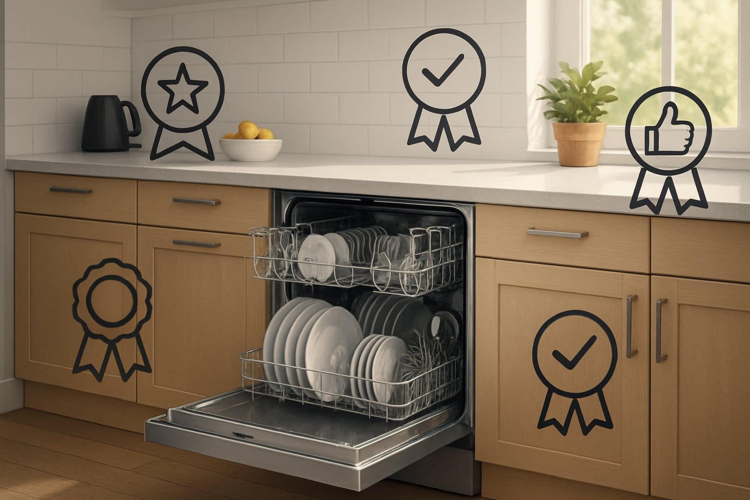 Ett modernt kök med en öppen diskmaskin fylld med rena tallrikar och glas, omgiven av symboler för pålitlighet och kvalitet.