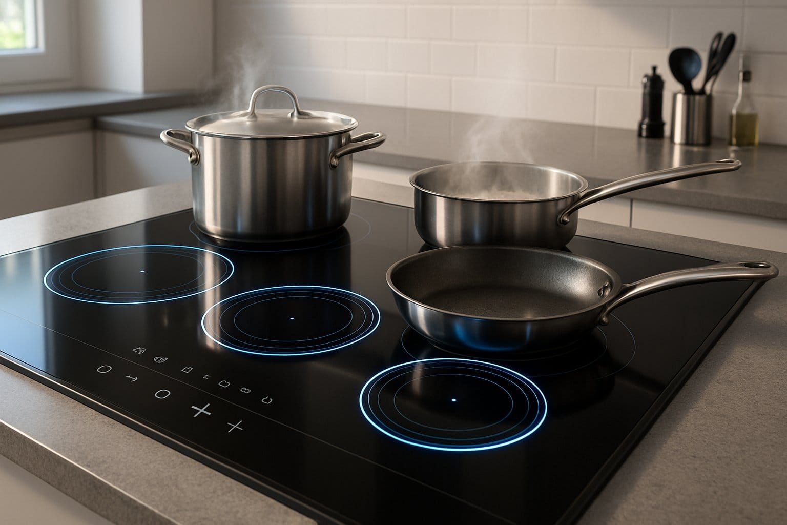 En modern induktionsspis i ett kök med kastruller på spisen och ånga som stiger från dem.