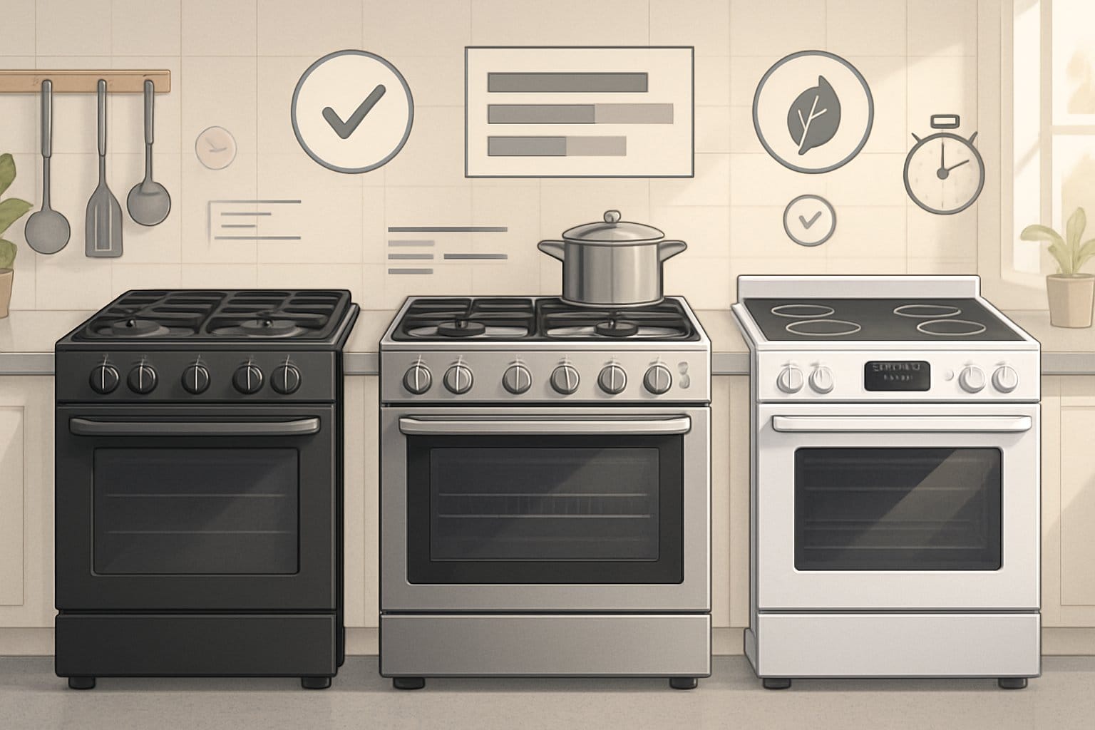 En köksbänk med tre olika spisar sida vid sida för jämförelse, omgivna av symboler som visar deras funktioner.