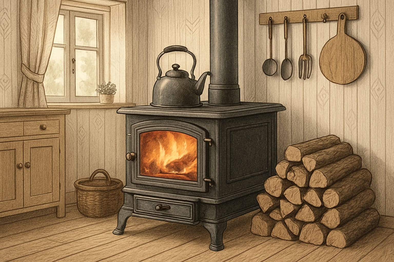 En traditionell vedspis i ett mysigt kök med ved staplad bredvid och en vattenkanna på spisen.