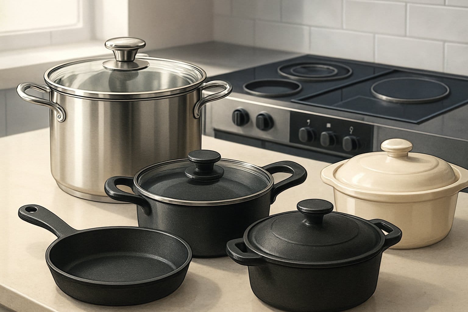 Olika kastruller placerade på en köksbänk framför en modern spishäll.