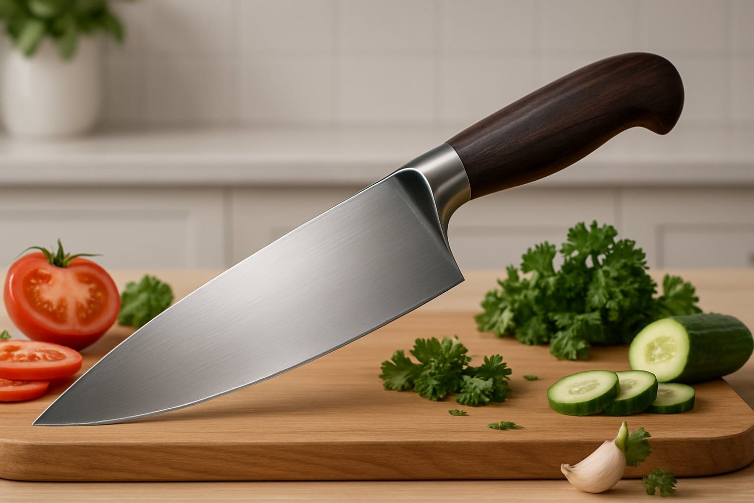 En kockkniv på en skärbräda med färska grönsaker runt omkring i ett kök.
