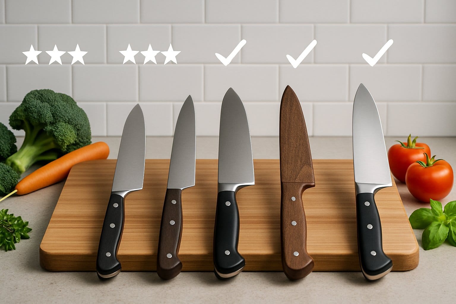 Flera kockknivar ligger uppradade på en köksbänk med grönsaker och örter runt omkring.