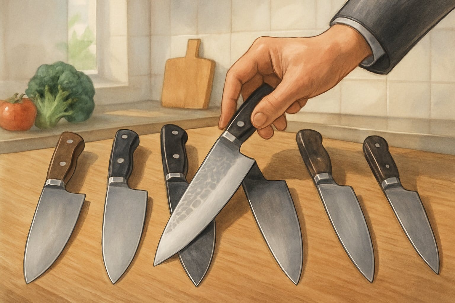 En hand som väljer en kockkniv från flera olika knivar på en köksbänk med grönsaker och en skärbräda i bakgrunden.