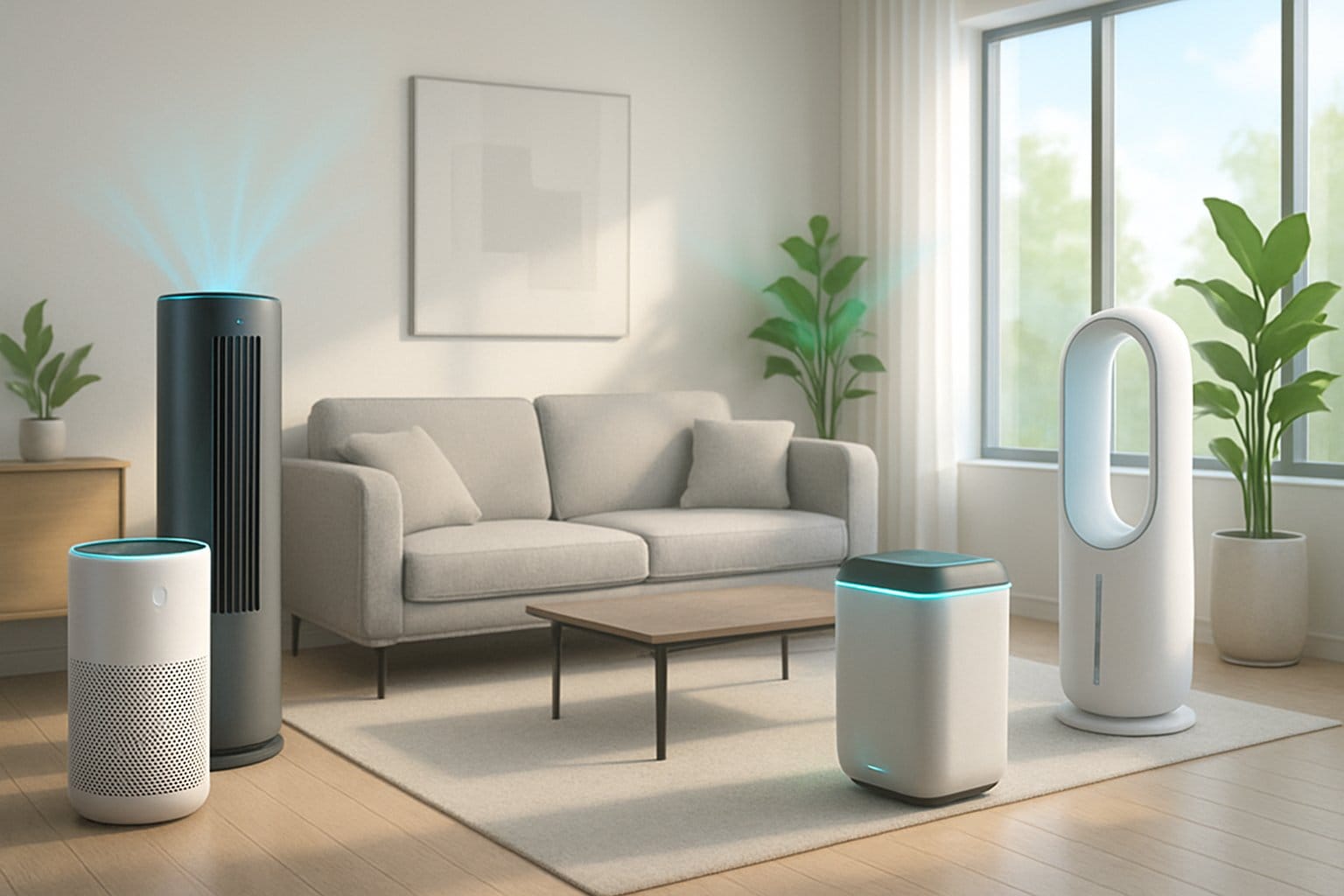 Ett modernt vardagsrum med flera avancerade luftrenare placerade runt om i rummet, med naturligt ljus och växter som symboliserar frisk luft.