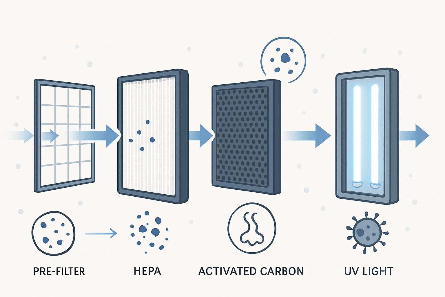 Illustration som visar olika typer av luftrenarefilter och deras egenskaper med symboler som representerar hur de renar luften.