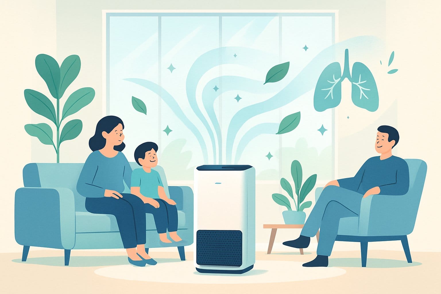 Ett modernt vardagsrum med en luftrenare som sprider ren luft, omgiven av gröna växter och en familj som njuter av den friska inomhusluften.
