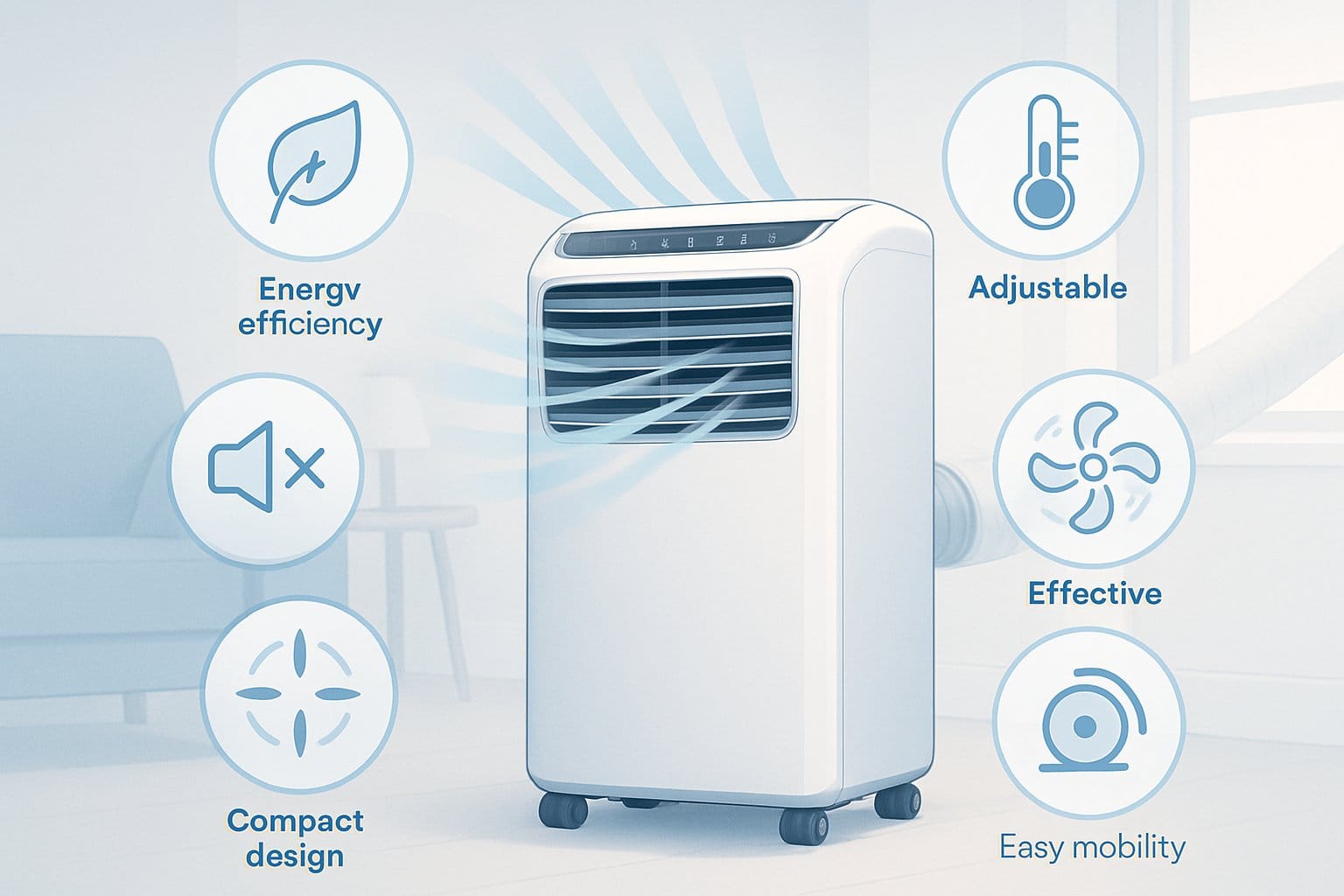 En modern portabel luftkonditionering i ett ljust vardagsrum med ikoner som visar dess viktiga egenskaper.