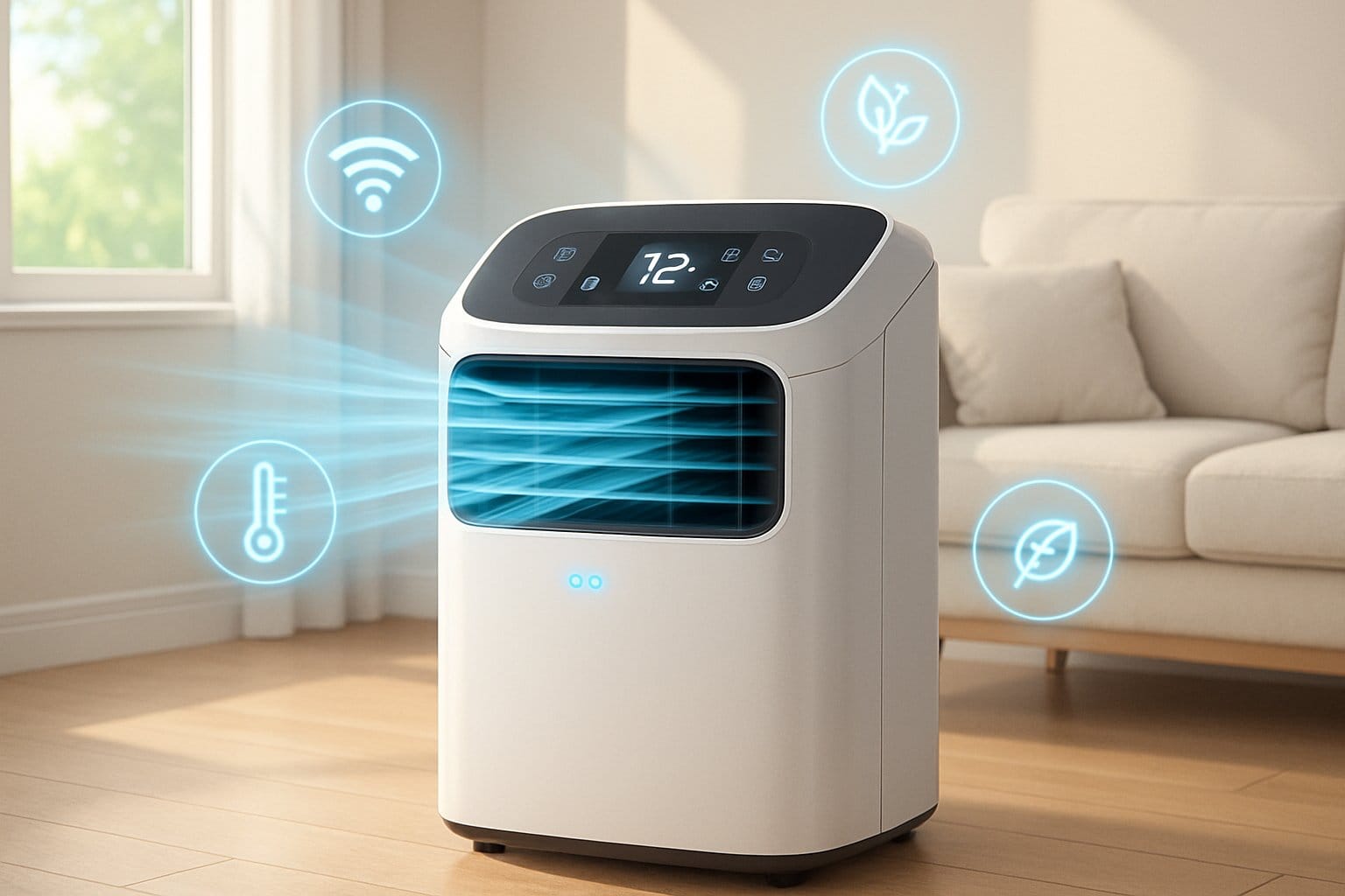 En portabel luftkonditionering i ett ljust vardagsrum med symboler för smarta funktioner runt omkring.