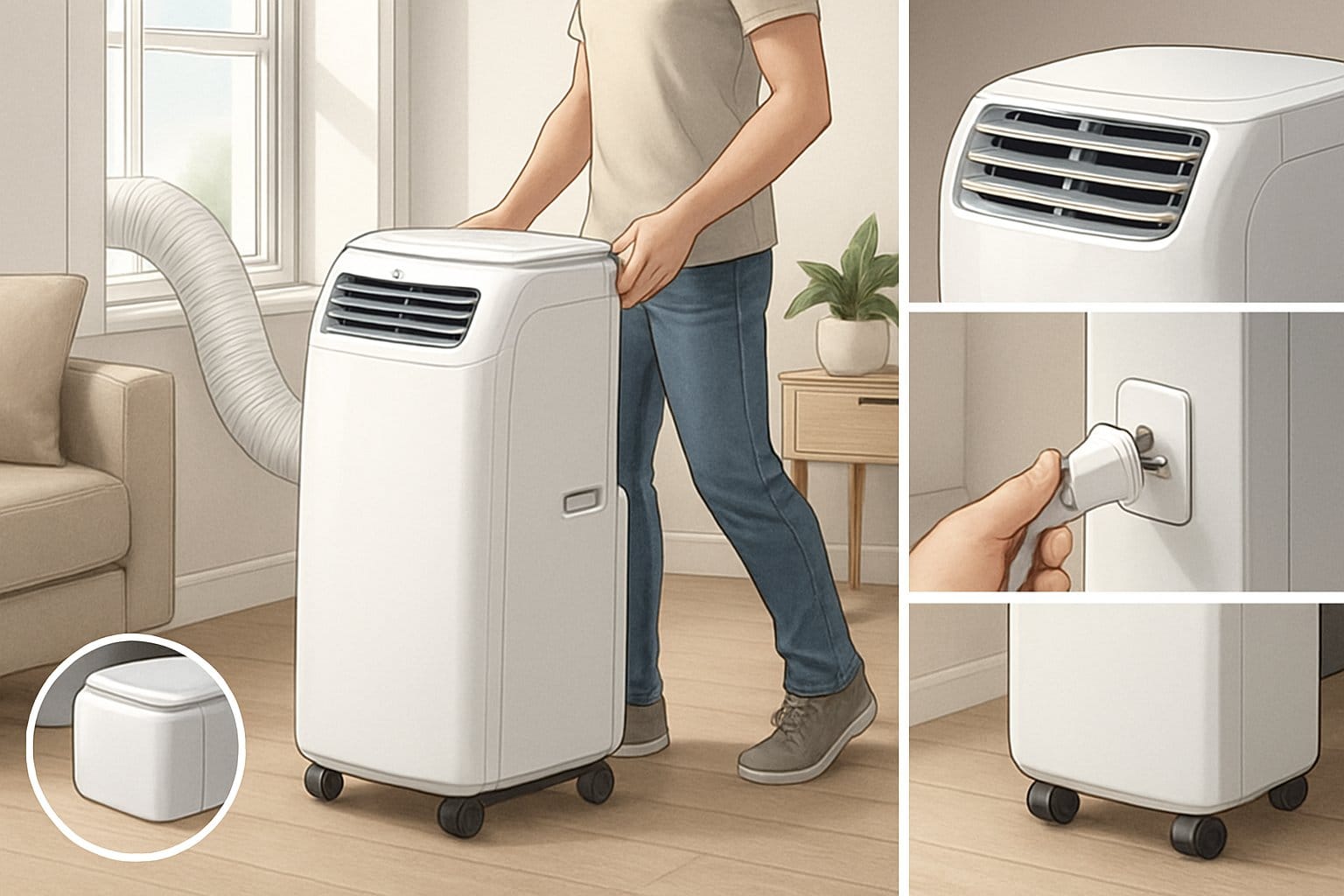 En person som flyttar en portabel luftkonditioneringsapparat i ett ljust rum med möbler.