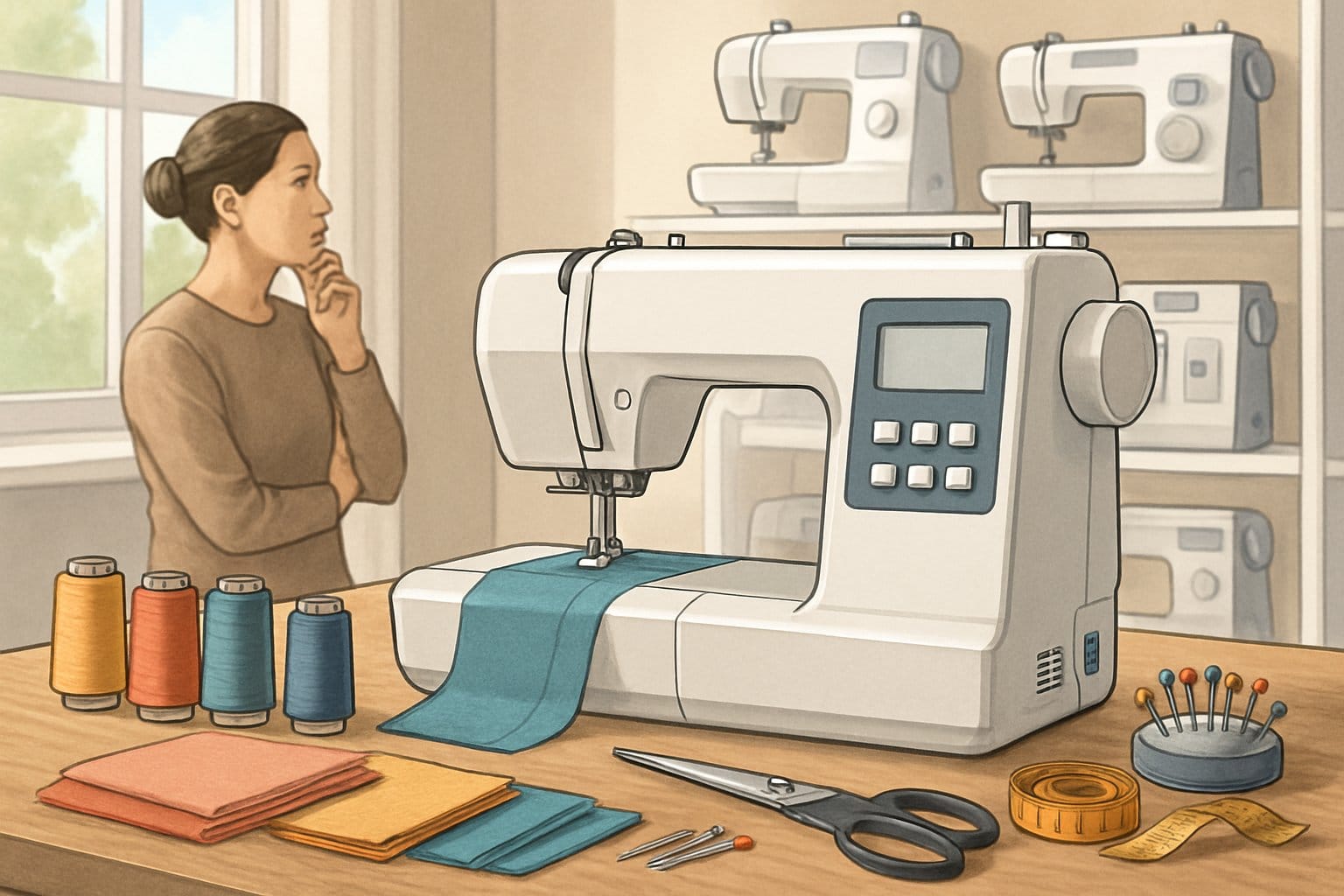 En person som undersöker olika symaskiner i en ljus och organiserad syateljé med en symaskin och sybehör på ett bord.