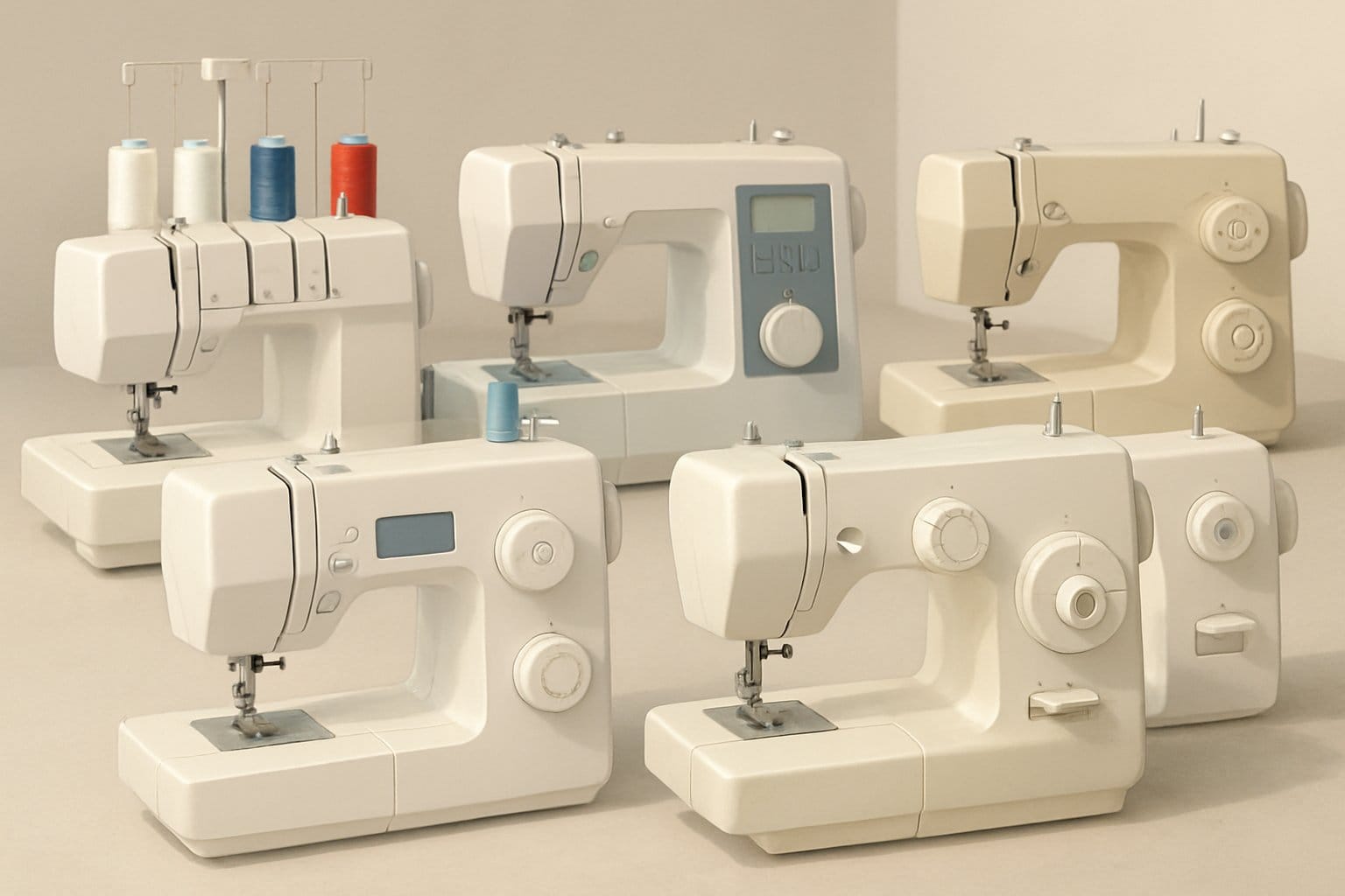 Flera symaskiner från olika populära märken och modeller uppradade på en yta.
