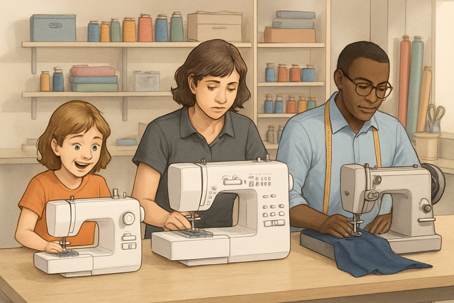 Olika symaskiner på ett bord med användare i olika åldrar och erfarenhetsnivåer som syr i en ljus och välutrustad syateljé.