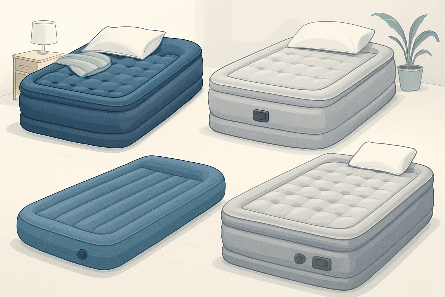 Flera olika luftmadrasser i olika former och storlekar arrangerade för jämförelse på en neutral bakgrund.