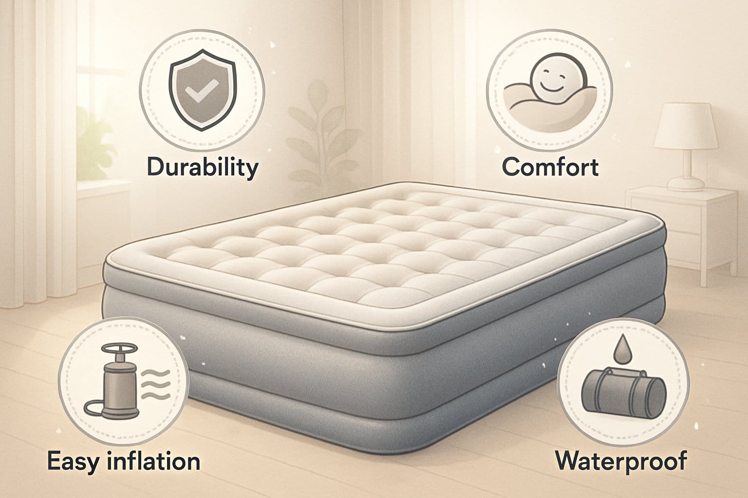 En bild som visar en luftmadrass i ett sovrum med ikoner som representerar dess viktiga egenskaper som hållbarhet, komfort, enkel uppblåsning, bärbarhet och vattentålighet.
