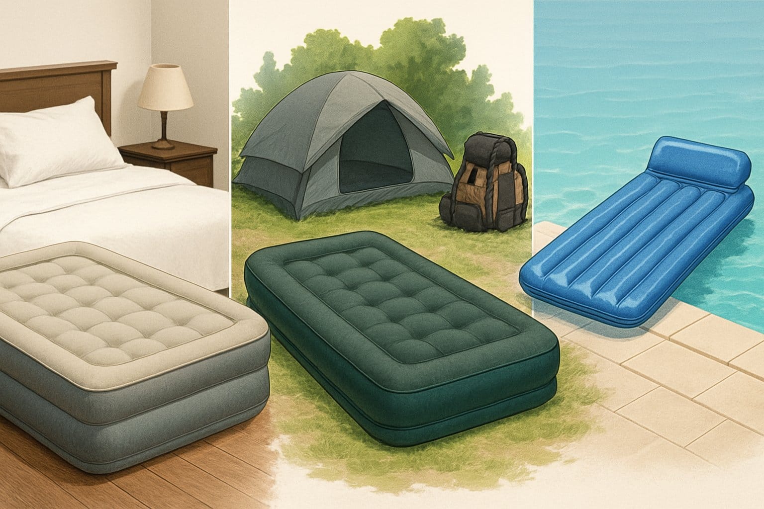 Flera luftmadrasser visas i olika miljöer: ett sovrum, en campingplats och vid en pool.
