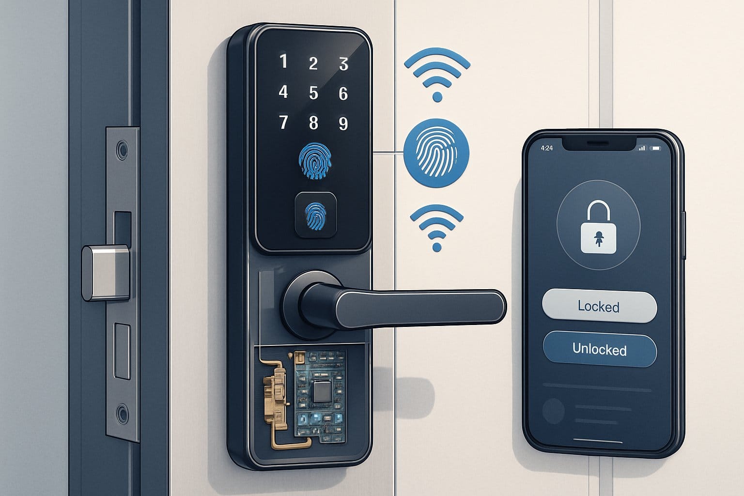 En illustration som visar hur ett smart lås fungerar med en modern dörr och dess inre mekanismer, inklusive en smartphone som styr låset.