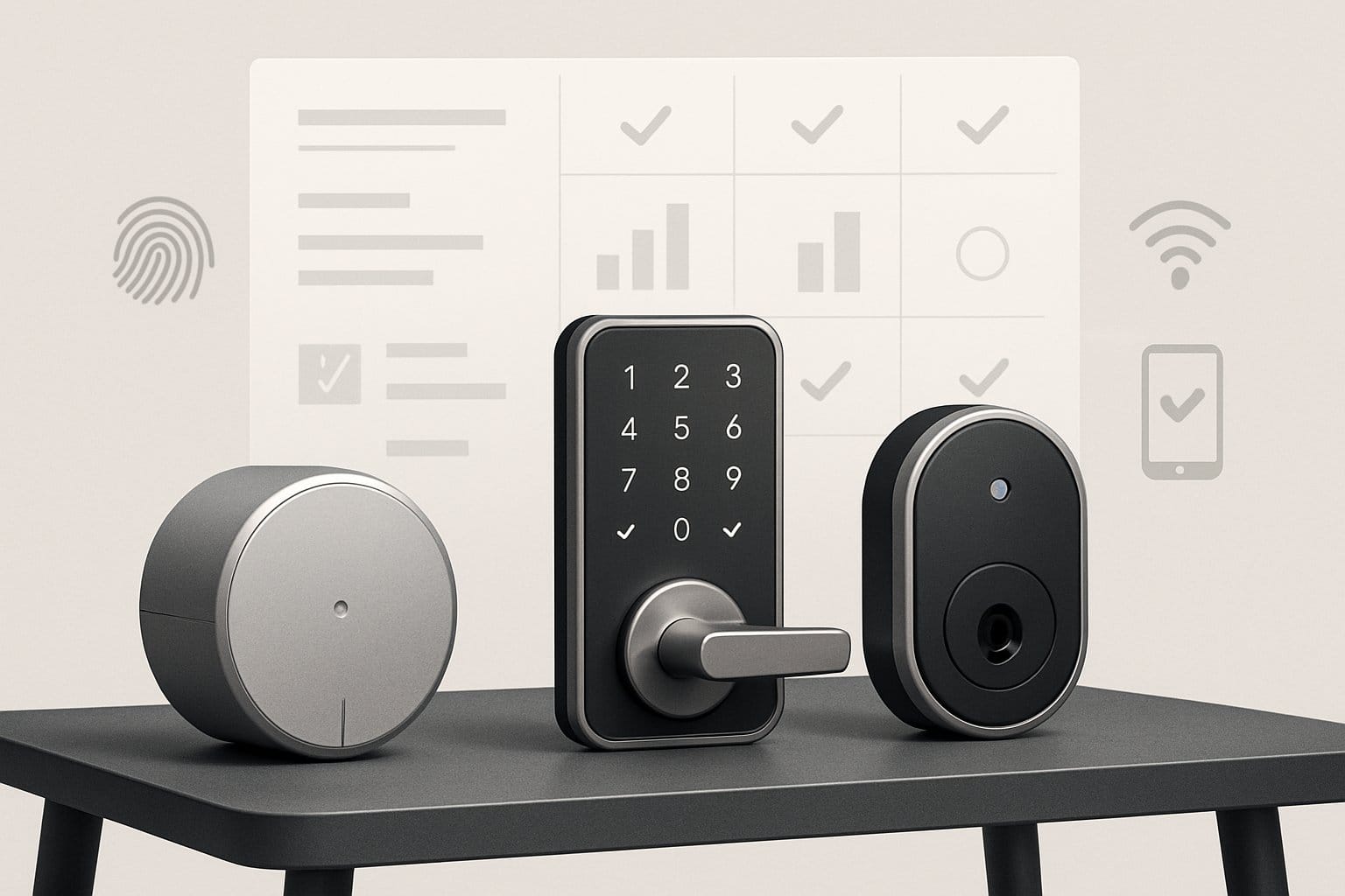 Tre olika smarta lås visas på ett bord med ikoner som visar deras viktiga funktioner.