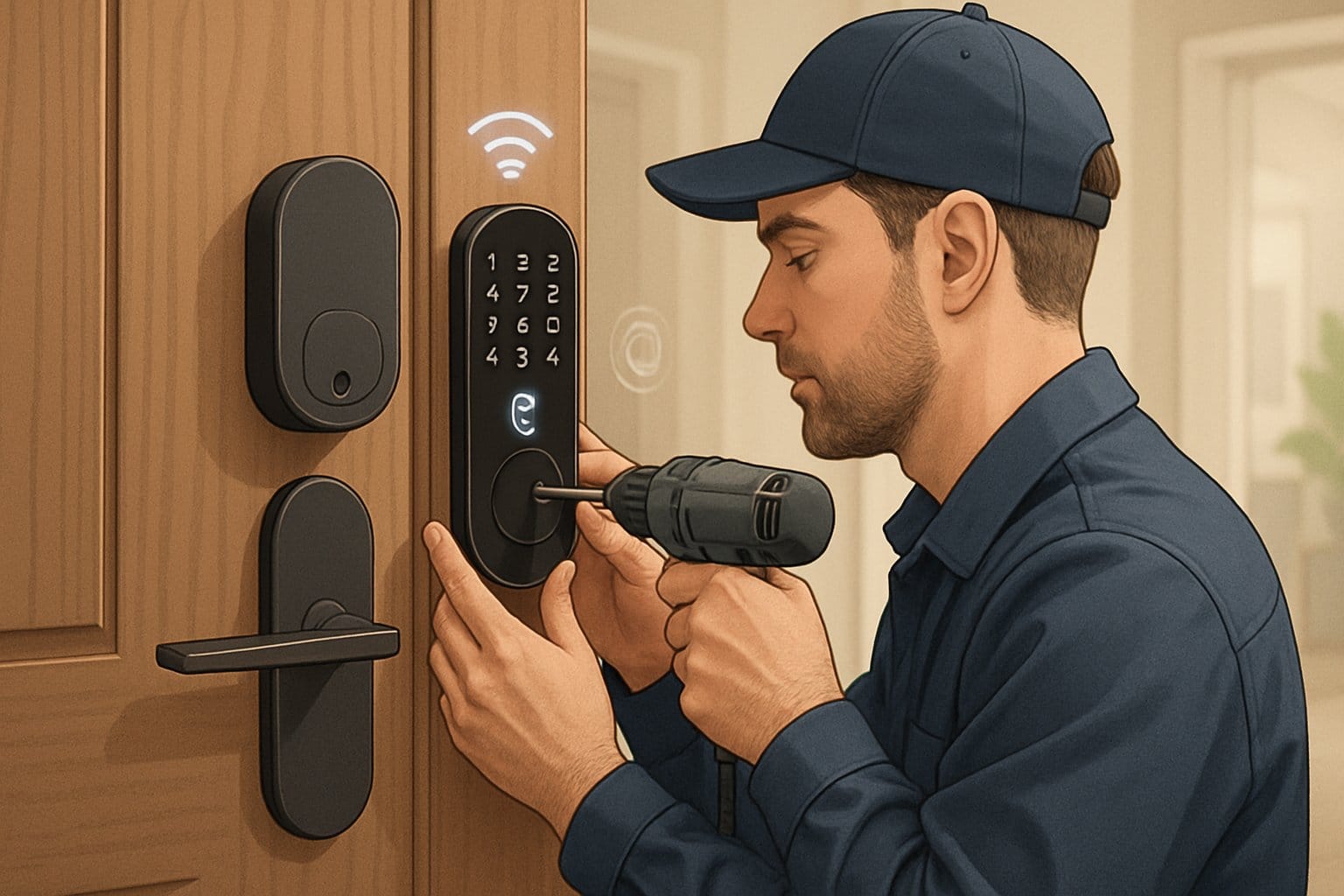 En tekniker installerar ett smart lås på en modern ytterdörr i ett hem.