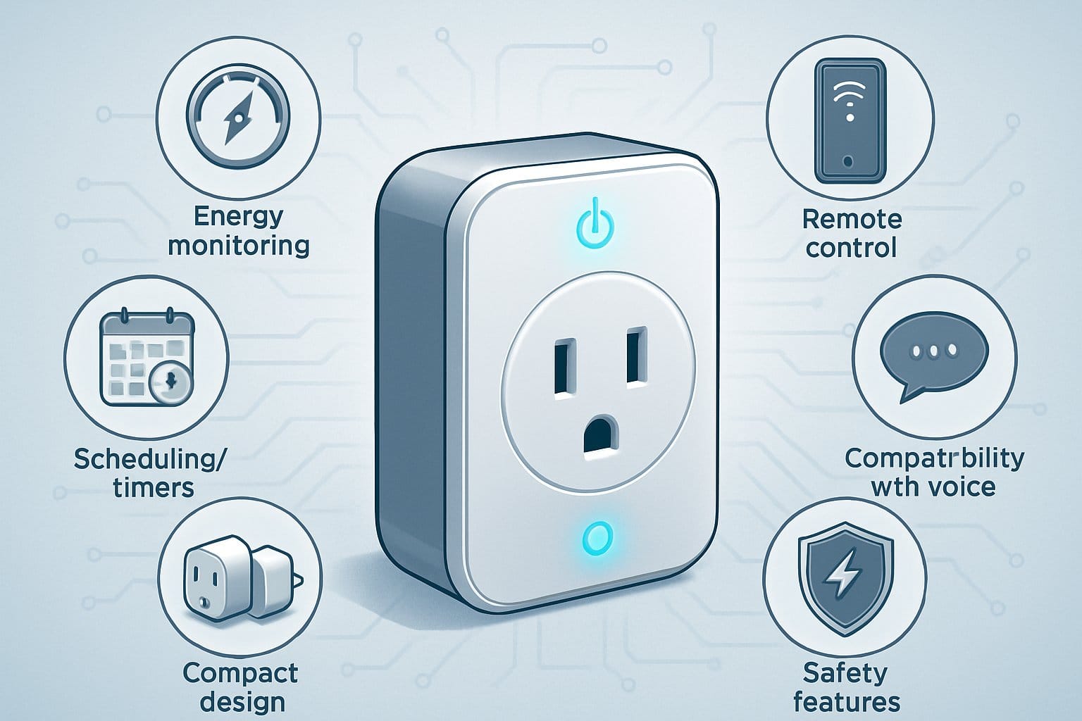 En illustration av en smart plugg med ikoner som visar dess viktiga funktioner som energimätning, fjärrstyrning, schemaläggning, kompakt design, röstassistentkompatibilitet och säkerhetsfunktioner.