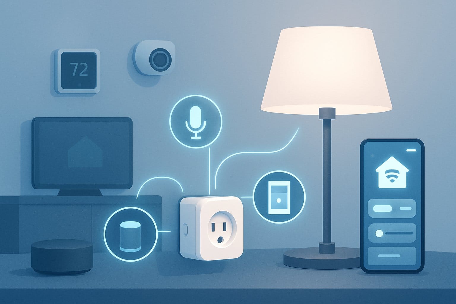 Ett modernt vardagsrum med en smart plugg ansluten till en lampa och ikoner som visar koppling till röstassistenter och smarta hem-enheter.