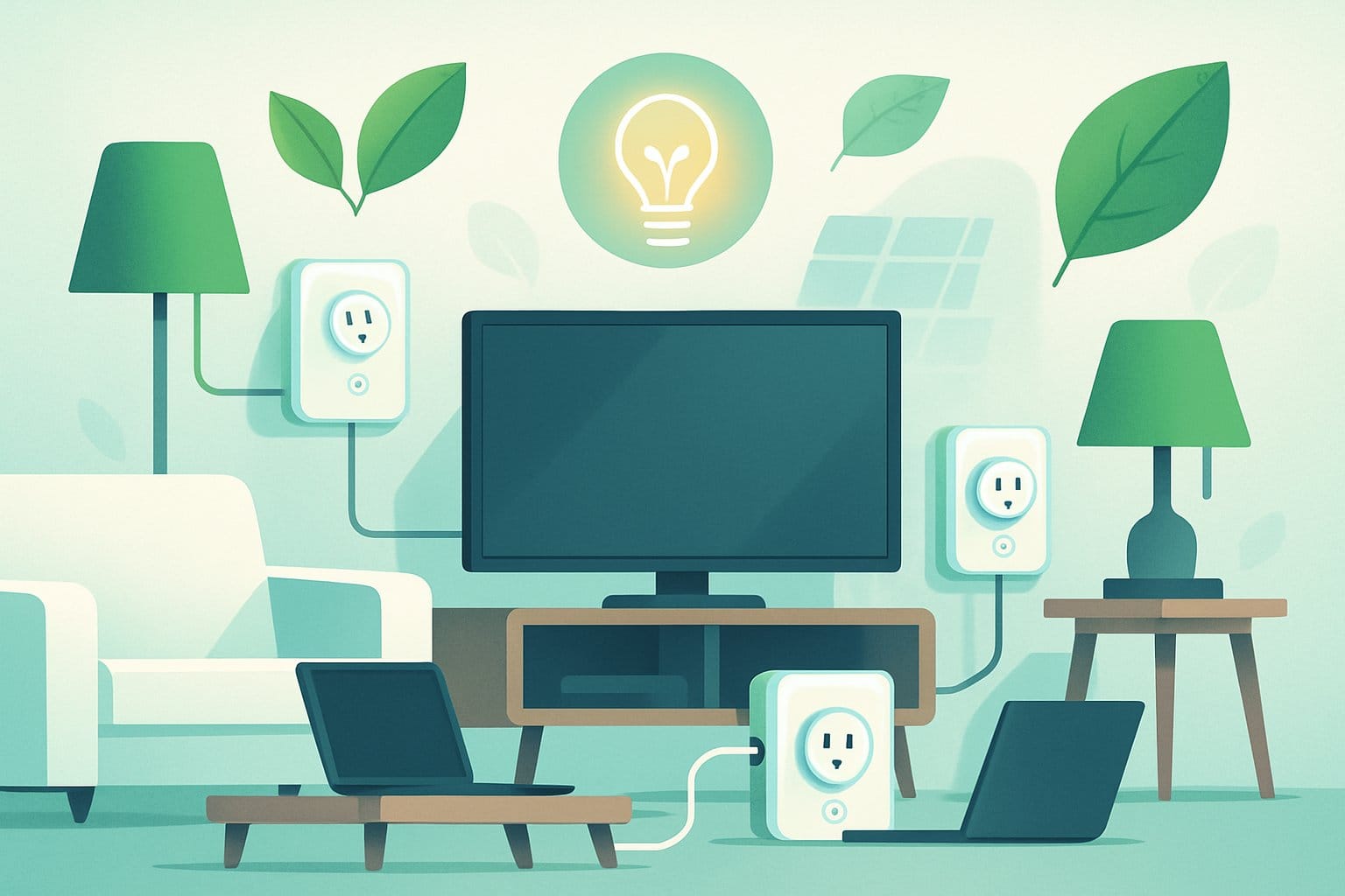 Ett modernt vardagsrum med smarta pluggar anslutna till olika elektroniska enheter och symboler för energibesparing och miljövänlighet runt omkring.