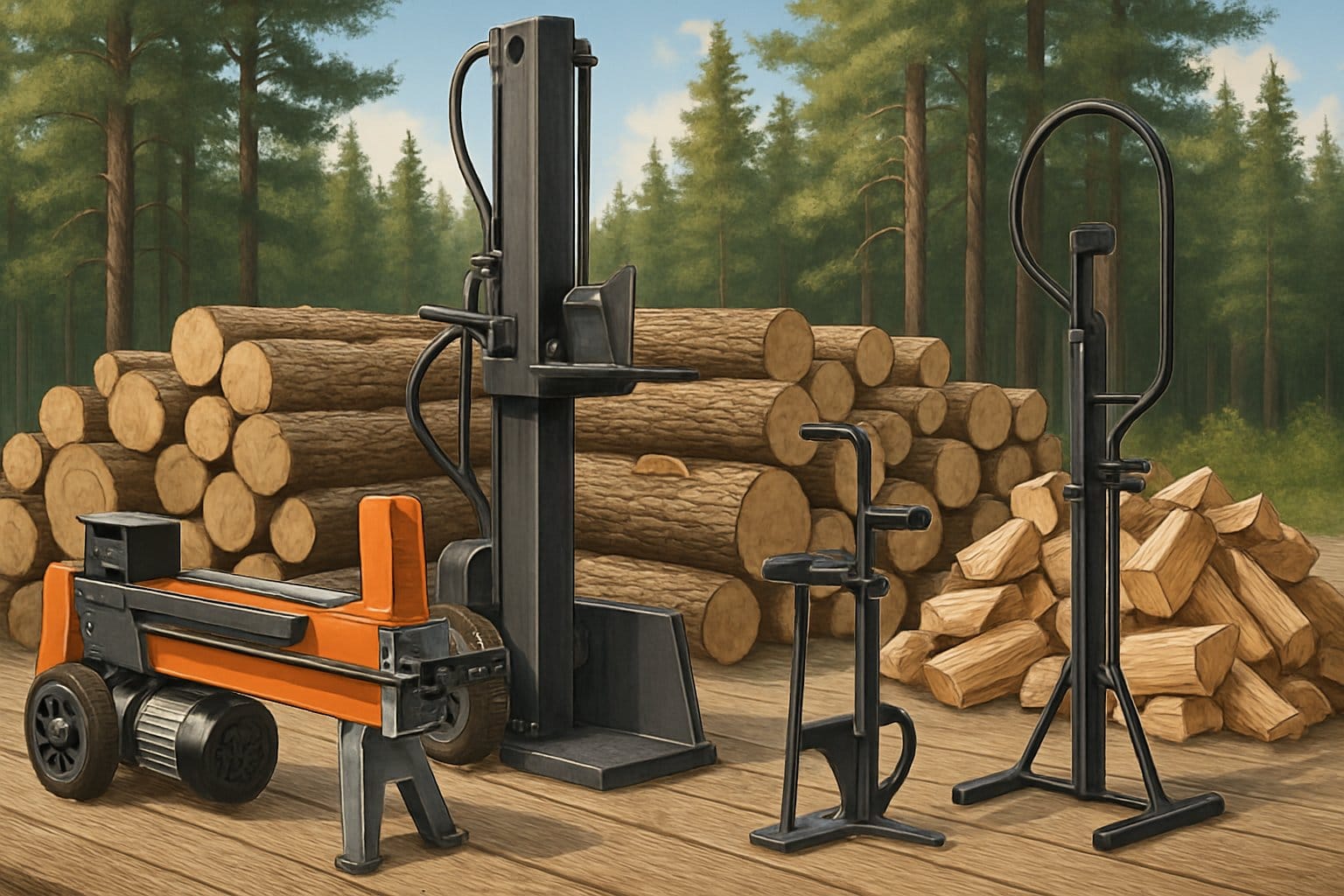 Flera olika vedklyvar placerade på en träyta utomhus med staplade vedträn och skog i bakgrunden.