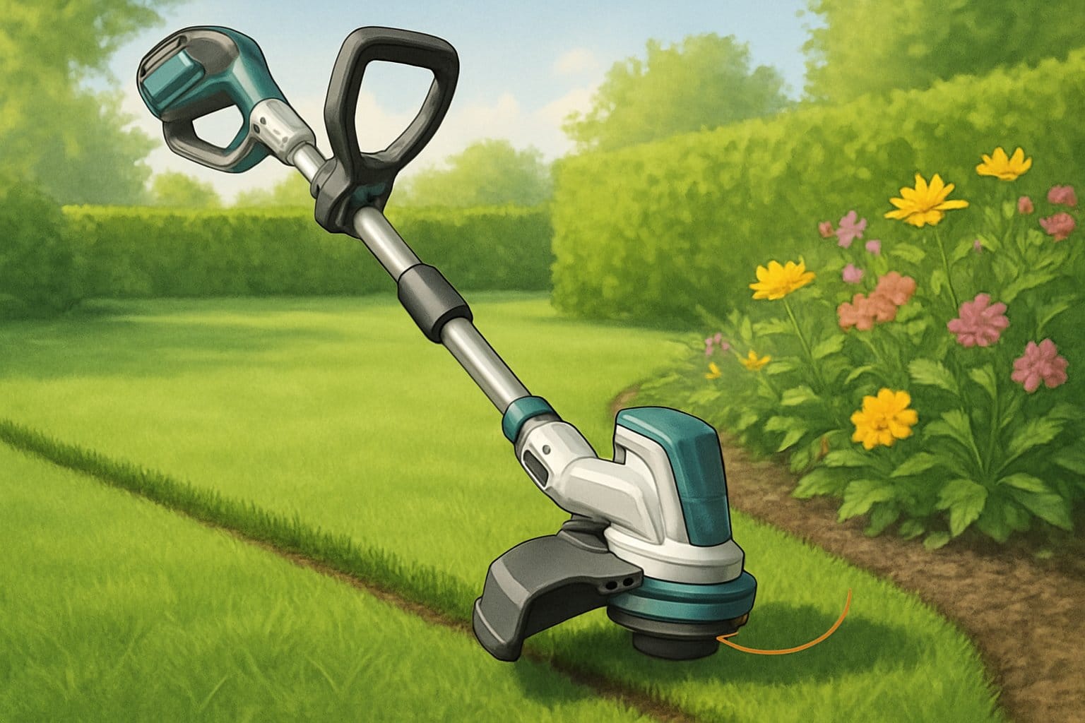 En grästrimmer som används för kantklippning vid en välskött gräsmatta bredvid en blomrabatt.