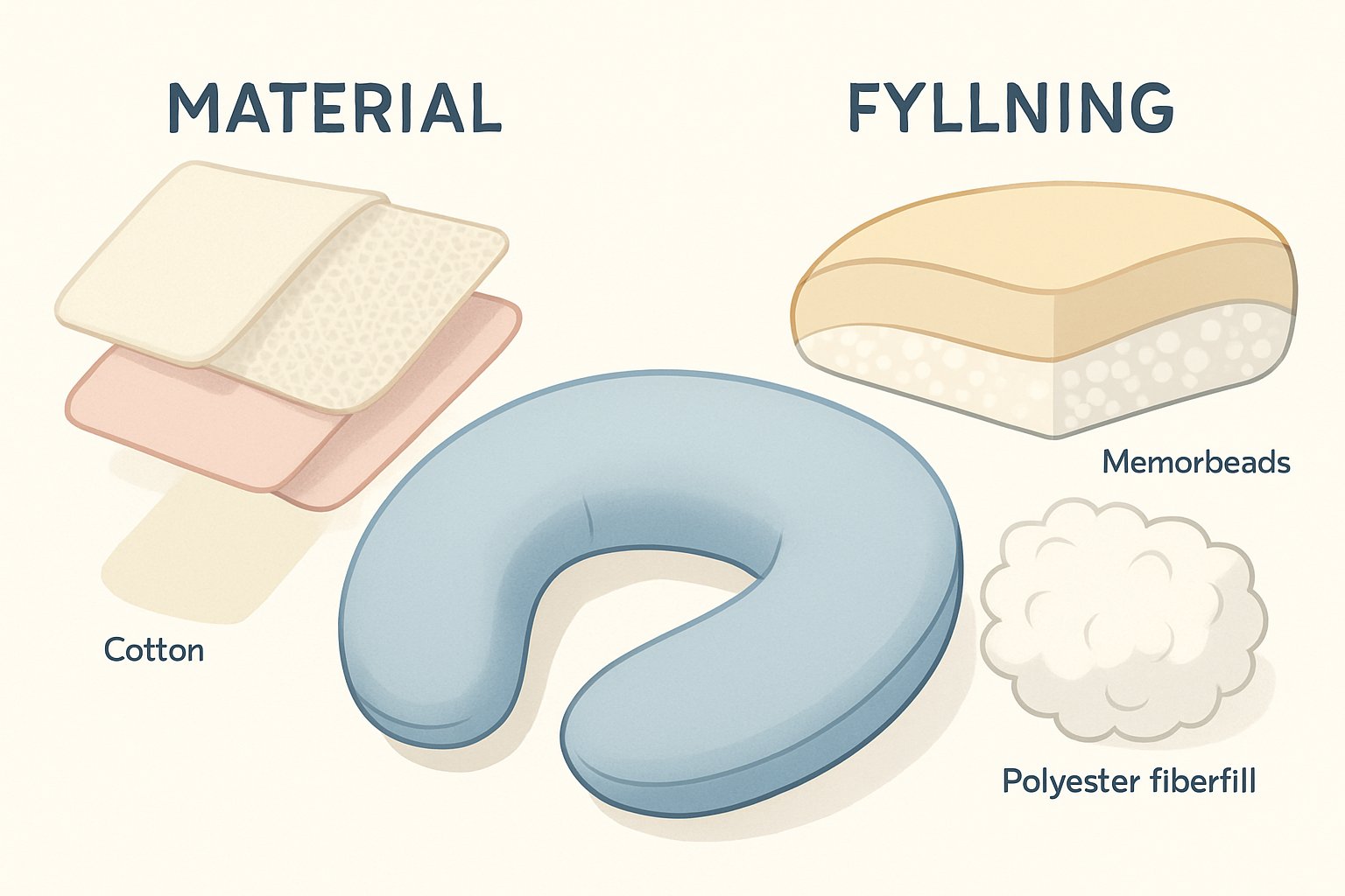 En illustration som visar skillnaden mellan material och fyllning i en amningskudde, med olika tygprover på ena sidan och en tvärsnitt av kudden med olika fyllningar på andra sidan.