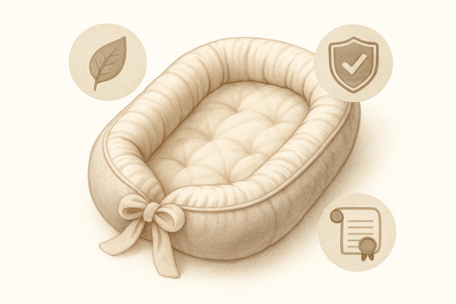 En mjuk och bekväm babynest omgiven av symboler för materialval och certifieringar.