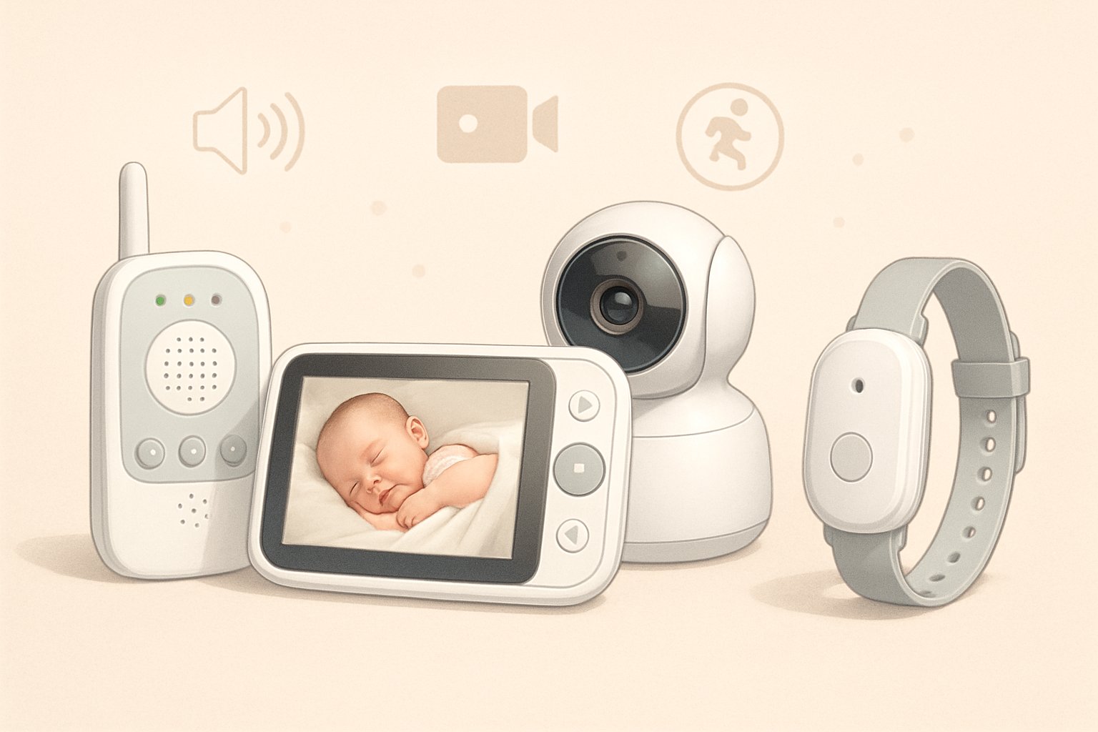 Olika typer av babyvakter visade tillsammans, inklusive ljudmonitorer, videomonitorer och bärbara monitorer, arrangerade på en lugn bakgrund.