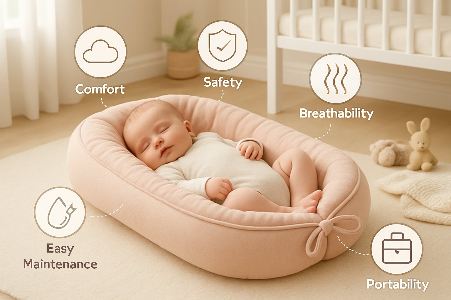 Ett mjukt och bekvämt babynest med en sovande baby i ett ljust och välordnat barnrum med leksaker och babyaccessoarer runt omkring.