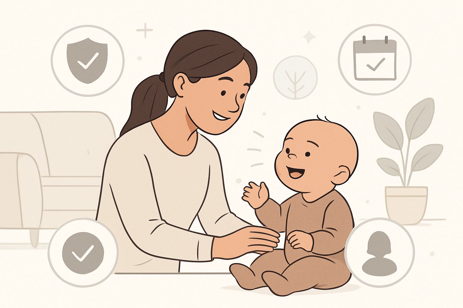 En babysitter som omsorgsfullt tar hand om en glad bebis i ett tryggt och mysigt hem, med symboler som visar viktiga egenskaper.