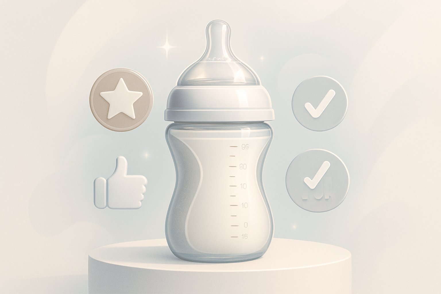 En illustration av en modern nappflaska på en piedestal med symboler för expertval runtomkring.
