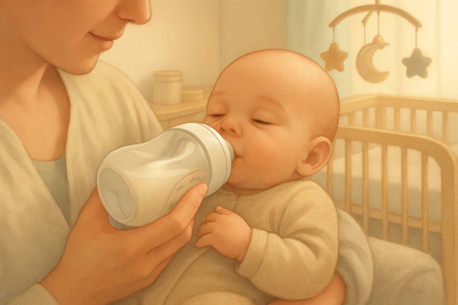 En lugn baby som tryggt dricker från en nappflaska medan en förälder håller barnet i ett mjukt och tryggt rum.