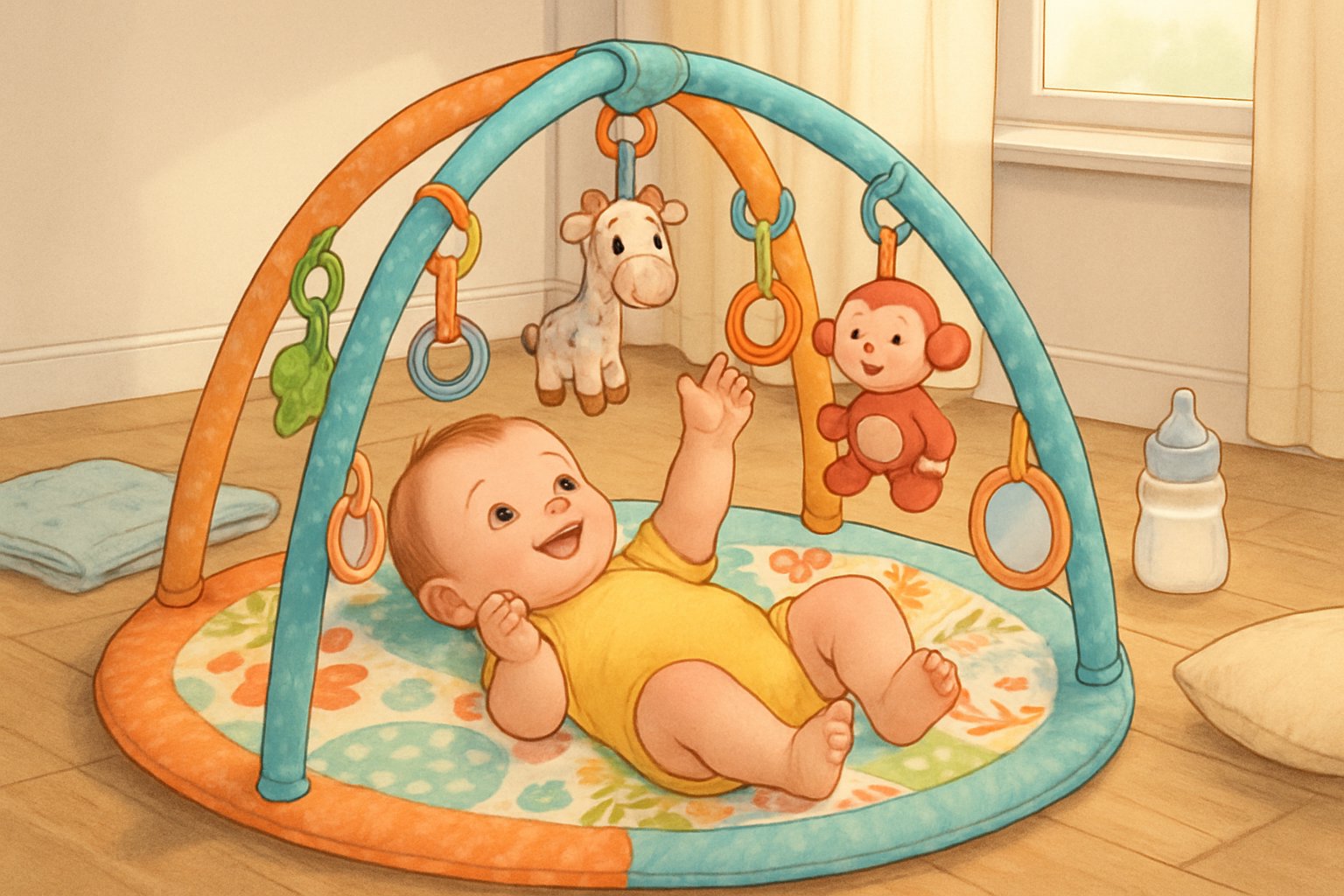 En baby som ligger på ett färgglatt babygym med leksaker hängande ovanför i ett ljust och mysigt barnrum.