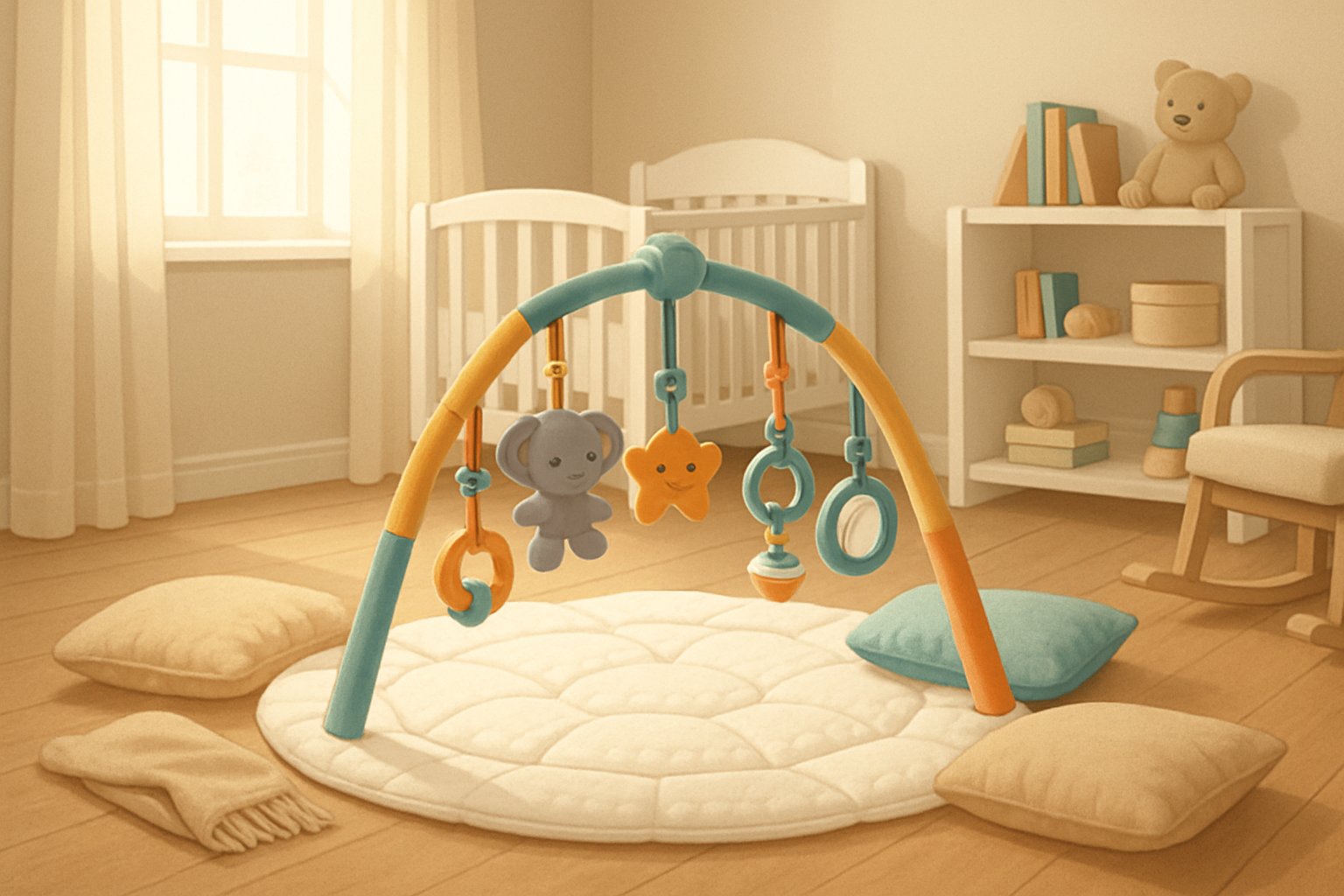Ett babygym med hängande leksaker i ett mysigt barnrum med mjuka filtar och leksaker runtomkring.