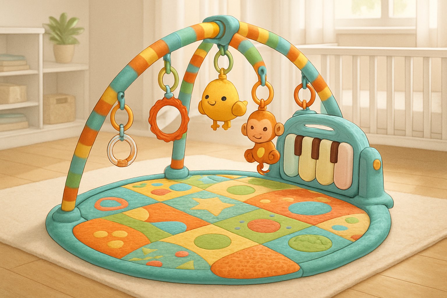 Ett babygym med färgglada leksaker och interaktiva element i ett ljust och tryggt barnrum.