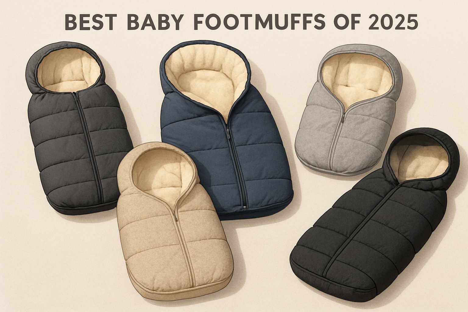 Flera olika modeller av babyåkpåsar arrangerade på en neutral bakgrund, med fokus på deras design och material.
