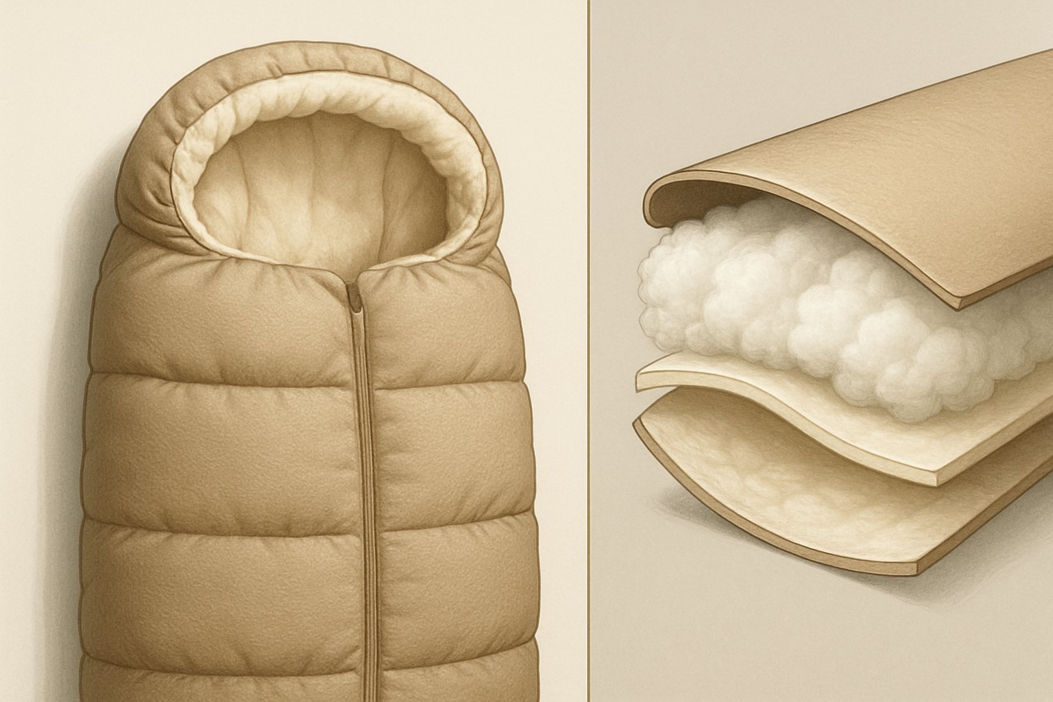 En illustration som visar material och fyllning i en babyåkpåse med detaljerade texturer och lager.