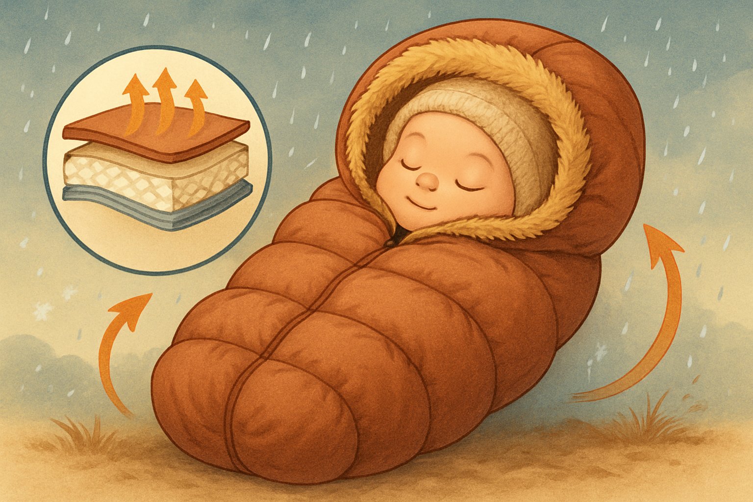 En baby insvept i en varm och skyddande åkpåse utomhus i kallt väder med snö eller regn runtomkring.