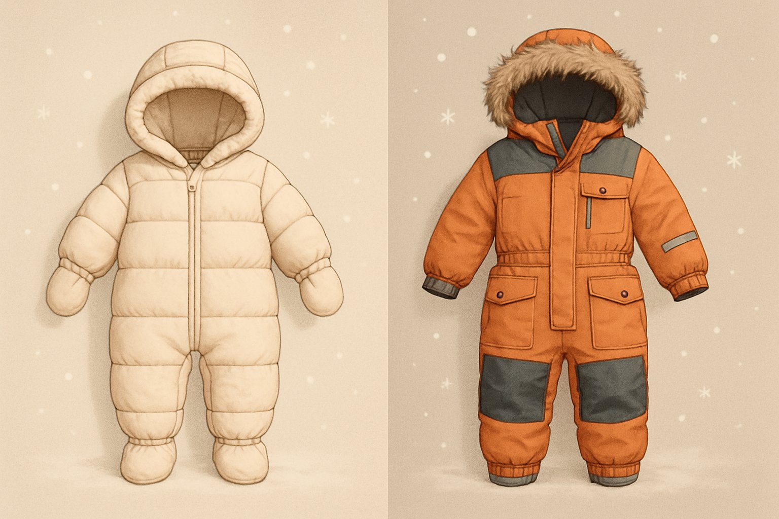 En bild som visar en babyoverall till vänster och en vinteroverall för barn till höger, med tydliga skillnader i design och funktion.