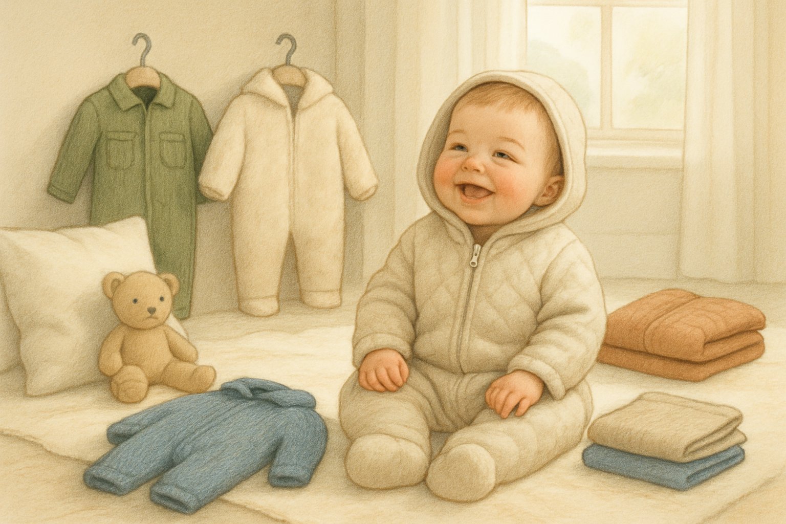 En baby som sitter på en filt i ett ljust rum, omgiven av olika babyoveraller på galgar och vikta på en yta.