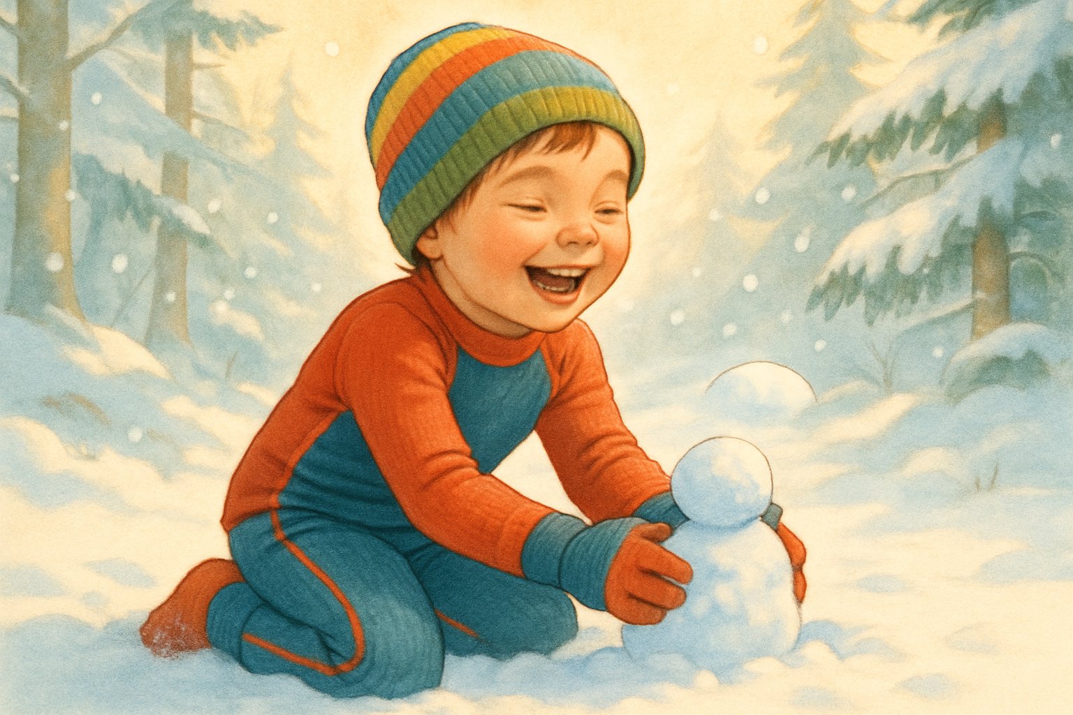 Ett barn som leker i snön utomhus iklädd varmt underställ, omgiven av snötäckta träd.