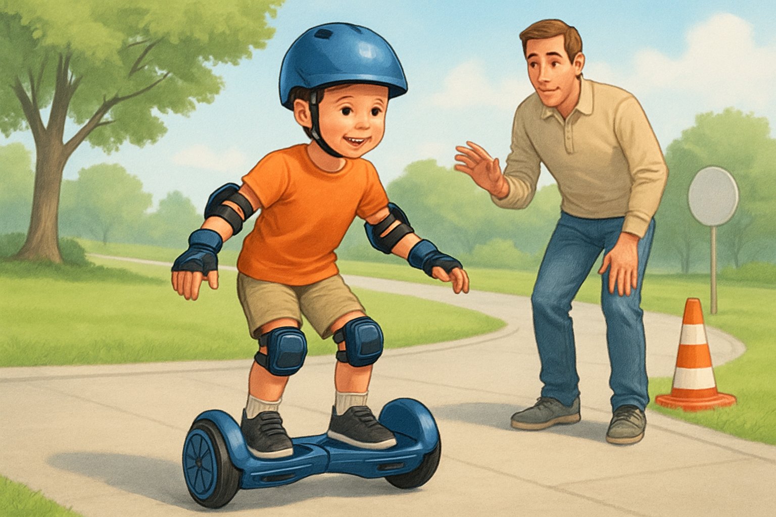 Ett barn som åker hoverboard med skyddsutrustning i en park medan en vuxen övervakar.
