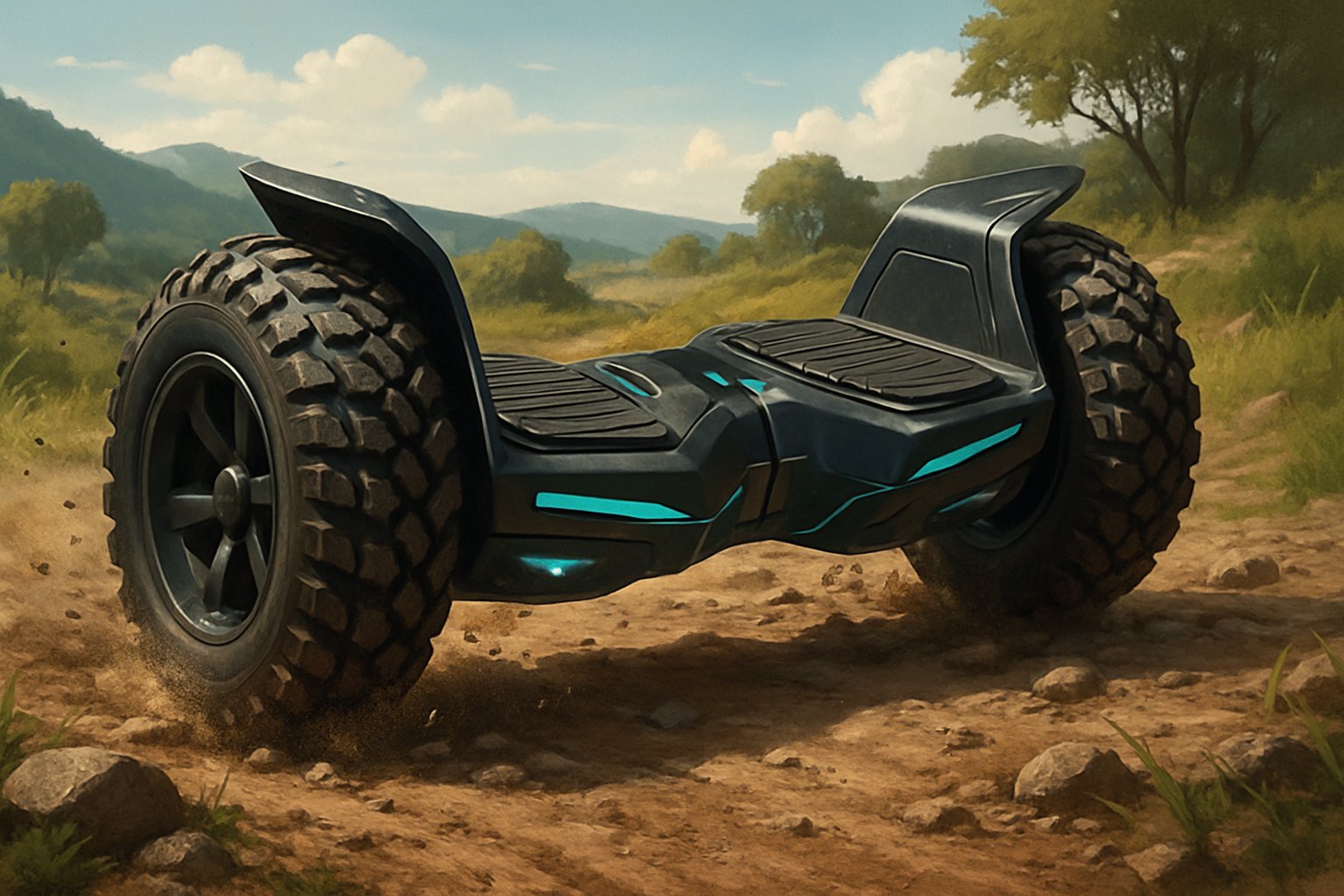 En off-road och all-terrain hoverboard på en stenig och dammig utomhusterräng med kullar och träd i bakgrunden.
