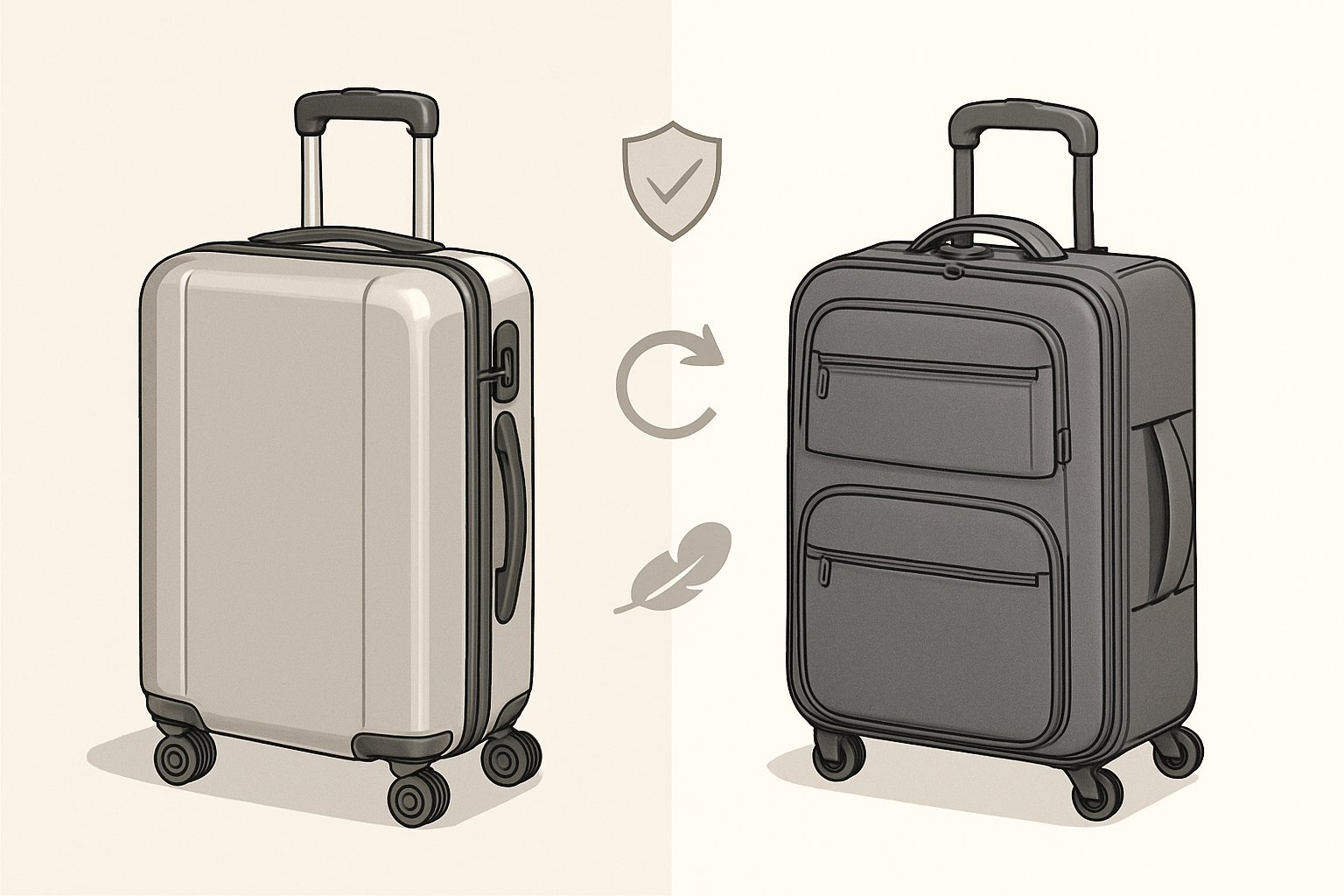 En illustration som visar en hård resväska på vänster sida och en mjuk resväska på höger sida för att jämföra deras material och egenskaper.